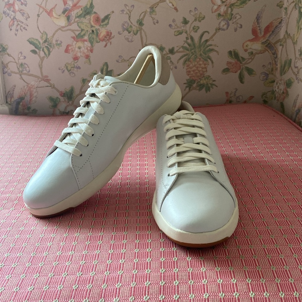 Cole Haan White Leather Sneakers with Tan Heel Accent
